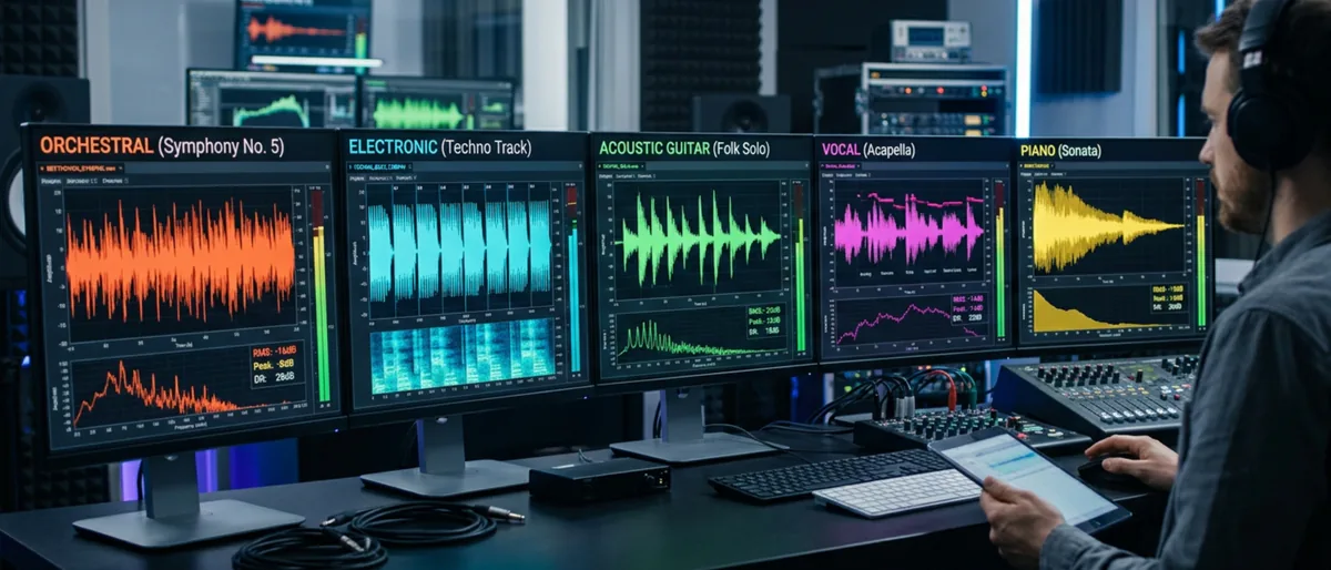 Side-by-side comparison of different musical waveforms in a high-tech lab