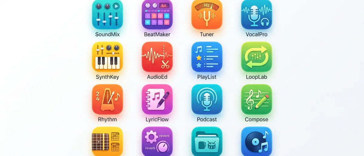 Collection of colorful and friendly app icons representing different music tools
