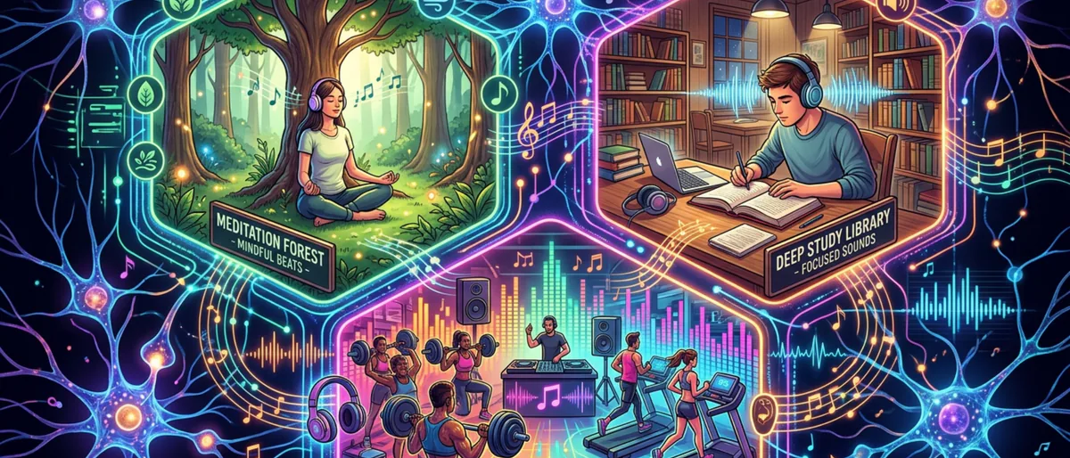 Collage of different music environments connected by digital neural networks