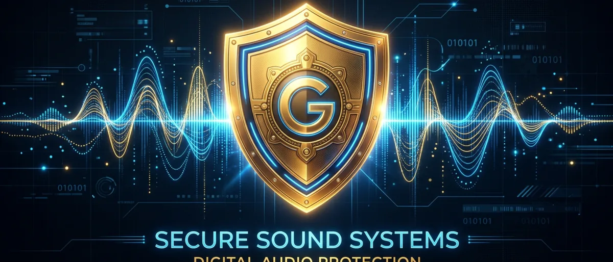 Golden shield over a musical wave pattern