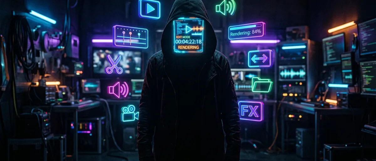 Hooded figure silhouette with a glowing digital screen for a face