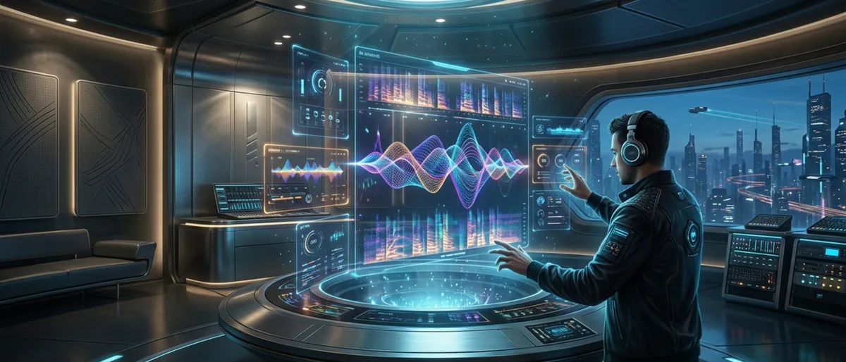 A futuristic music studio with holographic AI interfaces generating sound waves
