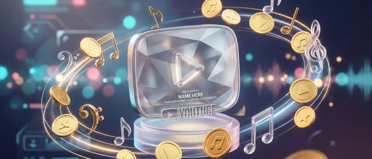 YouTube play button surrounded by floating gold coins and musical notes