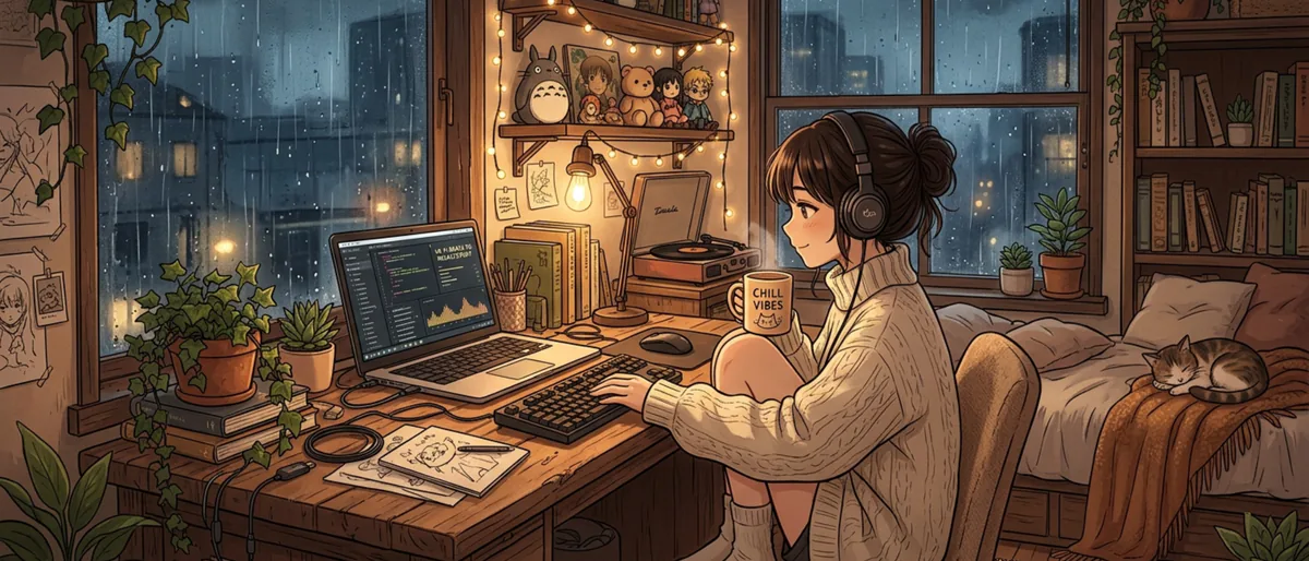 Cozy anime-style room with a lo-fi aesthetic