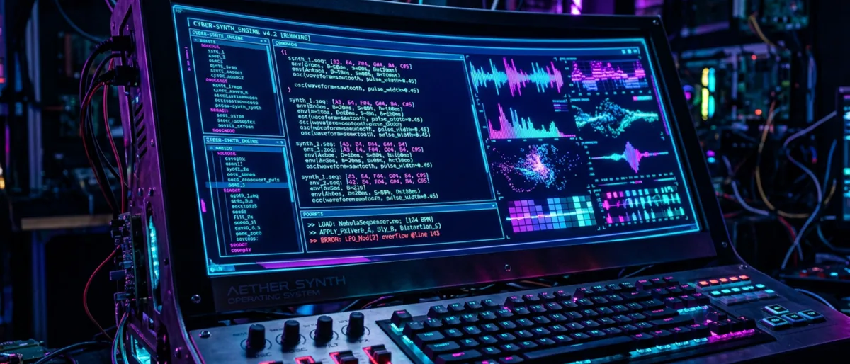 High-tech terminal showing musical code and text prompts