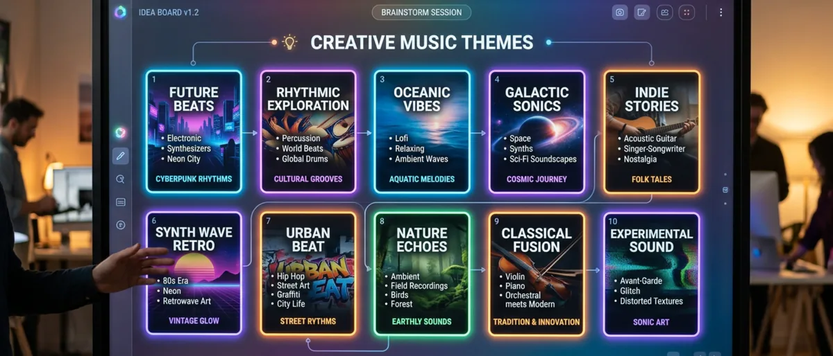 Brainstorming board with 10 glowing digital cards showing different music themes